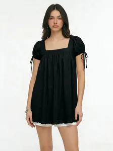 Women's stylish black square neck blouse featuring puff sleeves and bow tie cuffs