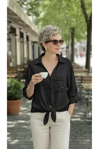 Elegant women casual black V-neck button-down shirt with a stylish front tie knot