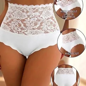 Women's white high waist modal lace tummy control panties with high cut design detail