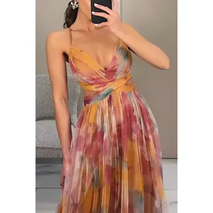 Close-up detail of the colorful watercolor floral print on a lightweight mesh maxi dress