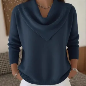 Elegant navy blue V-neck knit sweater with draped collar for women's autumn wear