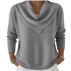 Elegant grey cowl neck waffle knit sweater for women with a loose fit autumn style