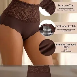 High-waisted brown modal panties featuring sexy lace trim and tummy control for women