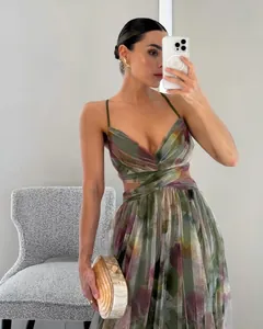 Elegant floral print mesh camisole maxi dress for beach vacations and summer parties
