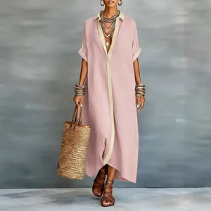 Robe chemise ample en coton et lin avec col contrasté pour femme