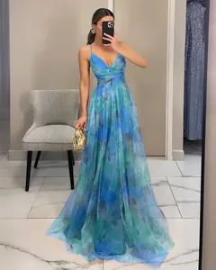 Elegant blue and green mesh printed camisole maxi dress for summer parties and vacations