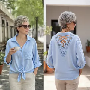 Women Casual V Neck Button Down Shirt Lace Patchwork Backless Tie Front Long Sleeve Blouse Solid Color Fashion Top