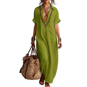 Bohemian women's loose green cotton linen maxi dress with V-neck embroidery detail