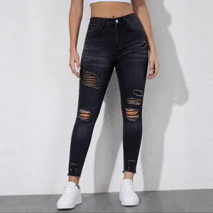 Damen High-Waist Skinny Jeans in Schwarz mit Rissen und elastischer Passform für Alltag