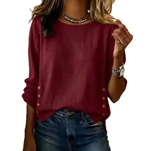 Casual women's long sleeve cotton linen top with side button details in burgundy