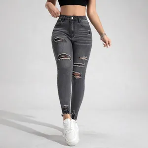 Graue Skinny Jeans für Damen mit Rissen und hoher Taille in elastischer Qualität