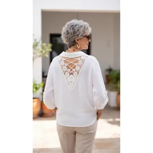 White casual long-sleeve shirt with v-shaped lace cutout back and lace-up detail