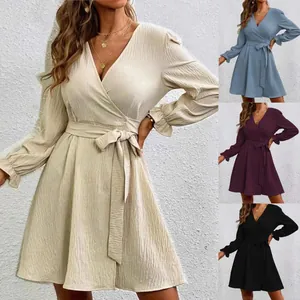 Women V Neck Lantern Sleeve Wrap Dress Solid Color Tie Waist A-Line Textured Casual Elegant Party Midi Dress Polyester