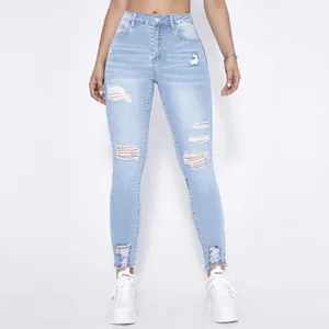 Hoch taillierte, hellblaue, zerrissene Skinny-Jeans für Damen mit Distressed-Details