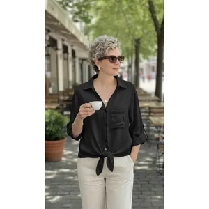 Elegant black casual V-neck button-down shirt with a stylish front knot for women