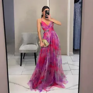 Vibrant floral print tulle maxi dress with side cut-outs for party and vacation