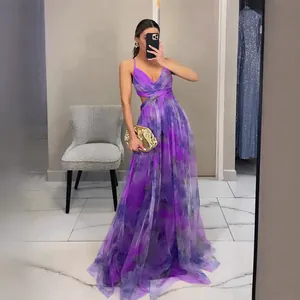 Elegant purple mesh printed camisole maxi dress for summer vacation and evening parties.