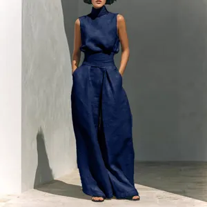 Completo casual da donna in lino blu navy con top senza maniche e pantaloni a gamba larga