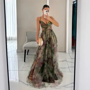 Elegant floral print mesh camisole maxi dress with cut-out detail for resort and party