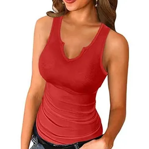 Detailed view of a slim-fit red ribbed tank top with a stylish notched neckline