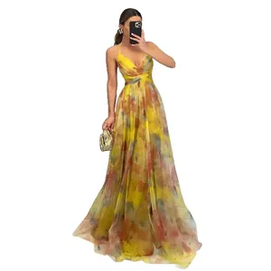 Elegant yellow floral mesh camisole maxi dress perfect for summer vacation and parties