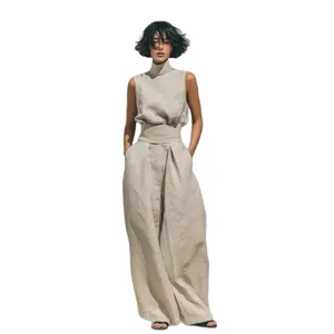 Elegante set smanicato in cotone e lino con pantaloni a gamba larga per donne chic