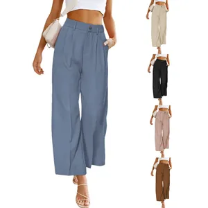 Detailed view of high-waisted wide-leg trousers in multiple colors for women
