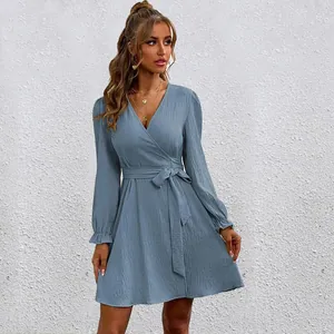 Elegant light blue long lantern sleeve V-neck wrap dress featuring a matching waist tie belt