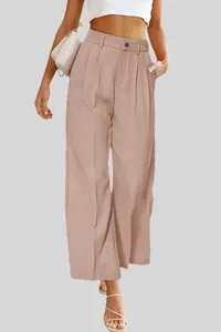 Vista detallada de pantalones de pierna ancha de talle alto rosa palo para mujer