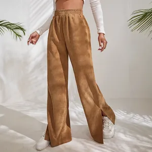 High-waist brown corduroy wide-leg pants with chic side slit detail for women fashion