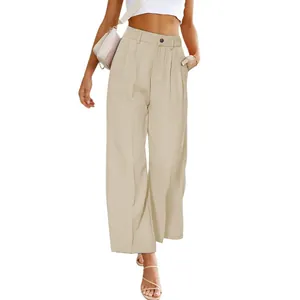Damesbroek met hoge taille, wijde pijpen en zakken in kaki-beige voor casual gebruik
