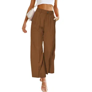 Bruine wijde broek met hoge taille, plooien aan de voorkant en zijzakken voor dames.