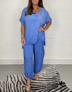 Women's blue casual loose two-piece set featuring a short-sleeve top and wide-leg pants.