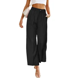 Elegante zwarte pantalon met hoge taille en wijde pijpen voor dames met handige zakken