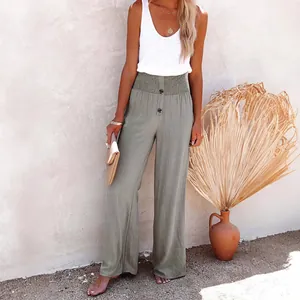 Casual high waisted wide leg trousers in cotton linen blend with button details