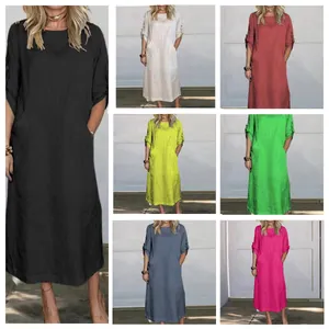 Women Casual Cotton Linen Maxi Dress Solid Color Short Sleeve Round Neck Loose Fit Summer Tunic Dress With Pockets