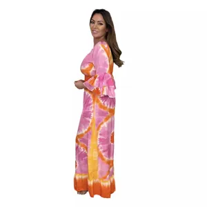 Women's tie-dye wide-leg jumpsuit with flared sleeves and vibrant orange-pink pattern