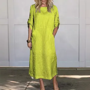 Elegant lime green loose casual cotton linen maxi dress with short sleeves for summer