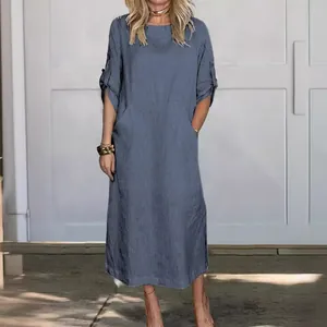 Elegant summer loose casual solid blue cotton linen maxi dress with pockets for women