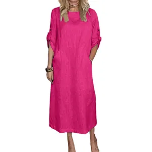 Casual loose fit fuchsia cotton linen maxi dress with pockets for summer fashion