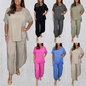 Women Casual Plus Size Top And Bottom Suit Loose Short Sleeve Round Neck Top And Wide Leg Split Pants Loungewear Outfit