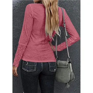 Back view of pink long sleeve T-shirt with intricate lace patchwork sleeves for women