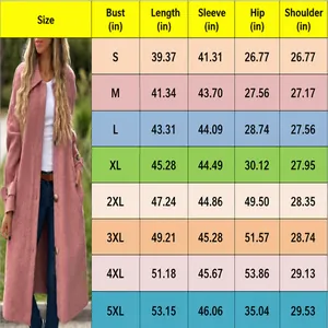 Size chart and measurements for casual long dusty pink women's wool coat with button details