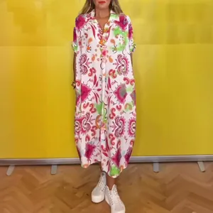 Women's Loose Casual Polyester Dress With Lapel V Neck Short Sleeve Print Oversized Maxi Dress For Daily Vacation Summer Bohemian Printed Top