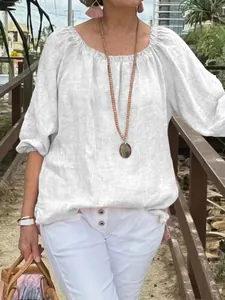 Weiße Leinenbluse für Damen mit Rundhalsausschnitt und Halbarm im Freizeitlook