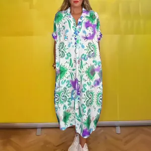 Casual loose midi dress with lapel collar and vibrant green purple paisley prints