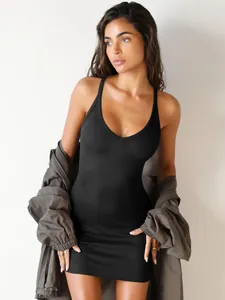 Detailed view of sexy black ribbed bodycon mini dress with V-neckline for women