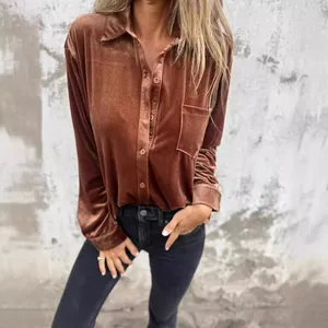 Women's Casual Loose Velvet Shirt Long Sleeve Single Breasted Turn Down Collar Blouse With Pocket Elegant Commuting Solid Color Top