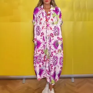 Elegant casual loose floral print maxi dress with lapel collar for women stylish outfit.