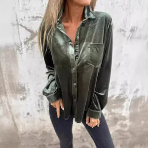 Elegant olive green velvet long-sleeved button-up shirt for women with loose fit